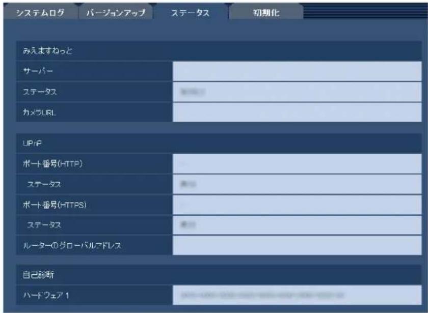 システムログ バージョンアップ ステータス 初期化 みえますねっと サーバー ステータス カメラURL UP/IP ポート番号(HTTP) ステータス ポート番号(HTTPS) ステータス ルーターのグローバルブドレス 自己診断 ハードウェア1