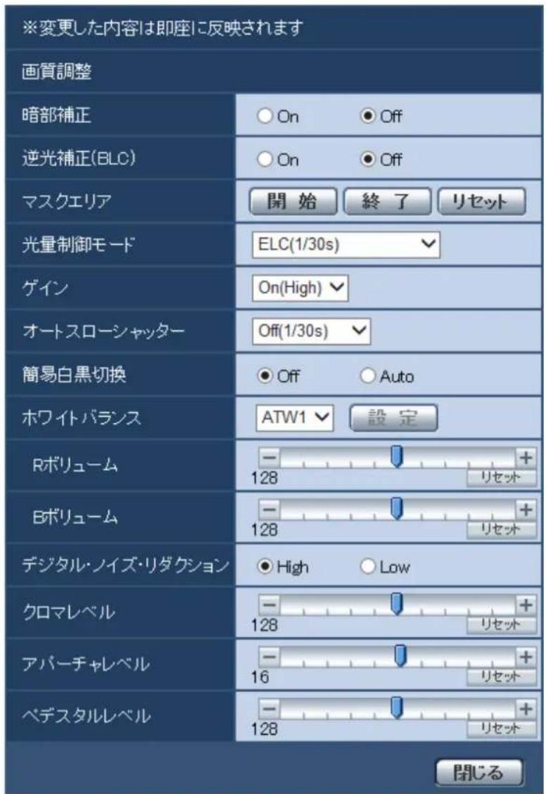 ※変更した内容は即座に反映されます 画質調整 暗部補正 On Off 逆光補正(BLC) On Off マスクエリア 開始 終了 リセット 光量制御モード ELC(1/30s) ゲイン On(High) オートスローシャッター Off(1/30s) 簡易白黒切換 Off Auto ホワイトバランス ATW1 設定 Rボリューム - + 128 リセット Bボリューム - + 128 リセット デジタル・ノイズ・リダクション High Low クロマレベル - + 128 リセット アパーチャレベル - + 16 リセット ベデスタイルレベル - + 128 リセット 閉じる