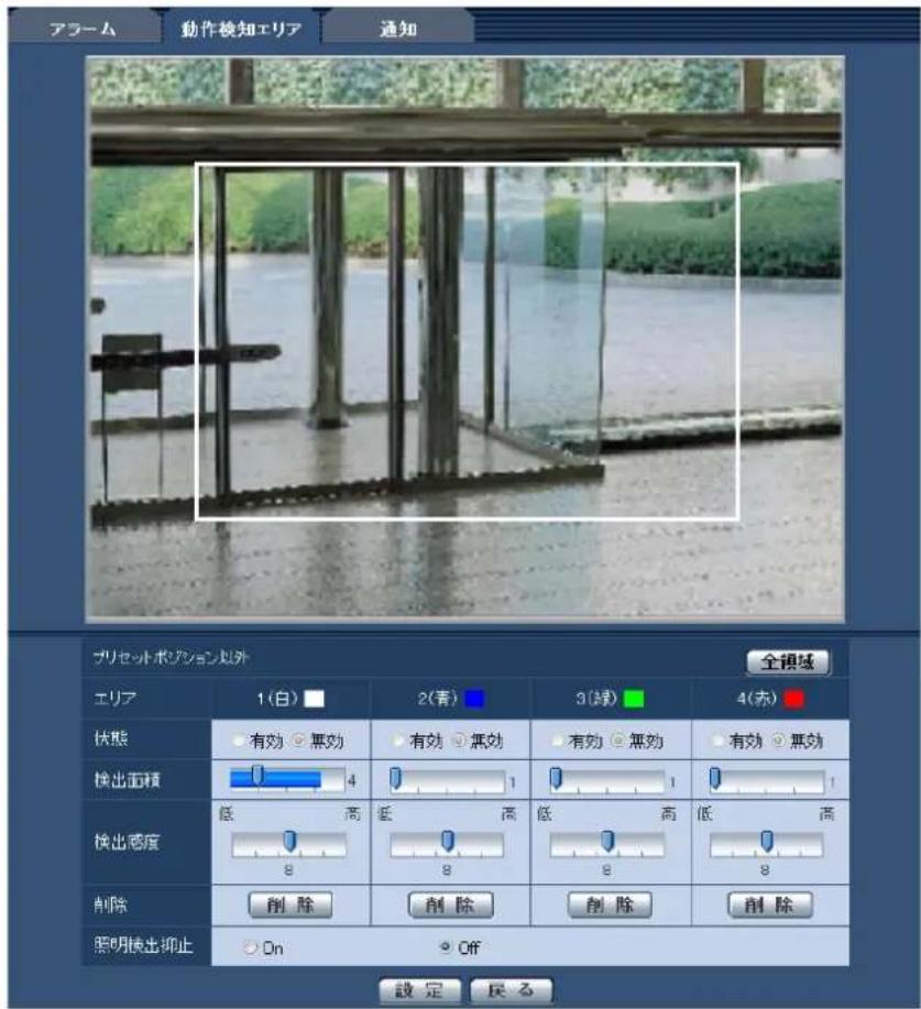 アラーム 動作検知エリア 通知 プリセットボタン以外 全領域 エリア 1(白) ■ 2(青) ■ 3(绿) ■ 4(赤) 状態 有効 無効 有効 無効 有効 無効 有効 無効 換出面積 4 1 1 1 換出感度 低 高 低 高 低 高 低 高 削除 8 8 8 8 照明換出抑止 On Off 設定 居る
