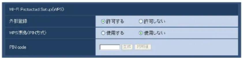 Wi-Fi Protected Setup(WPS) 外部登録 許可する 許可しない WPS準拠(PIN方式) ○使用する ○使用しない PIN code 生成 初向値