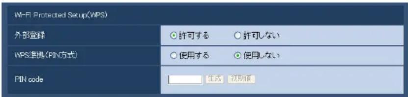 Wi-Fi Protected Setup(WPS) 外部登録 許可する 許可しない WPS準拠(PIN方式) ○使用する ○使用しない PIN code 生成 初期値