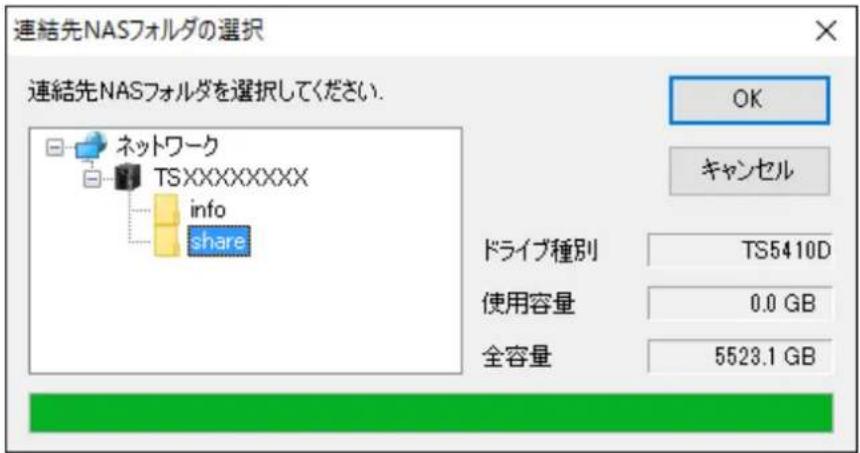 連結先NASフォルダの選択 連結先NASフォルダを選択してください. ネットワーク TSXXXXXXXXX info share OK キャンセル ドライブ種別 TS5410D 使用容量 0.0 GB 全容量 5523.1 GB