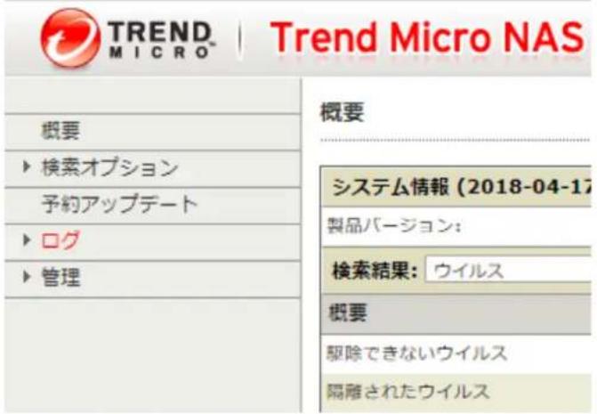 TREND MICRO™ | Trend Micro NAS 概要 ▶ 検索オプション 予約アップデート ▶ ログ ▶ 管理 概要 システム情報 (2018-04-17) 製品バージョン: 検索結果: ウイルス 概要 駆除できないウイルス 隔離されたウイルス