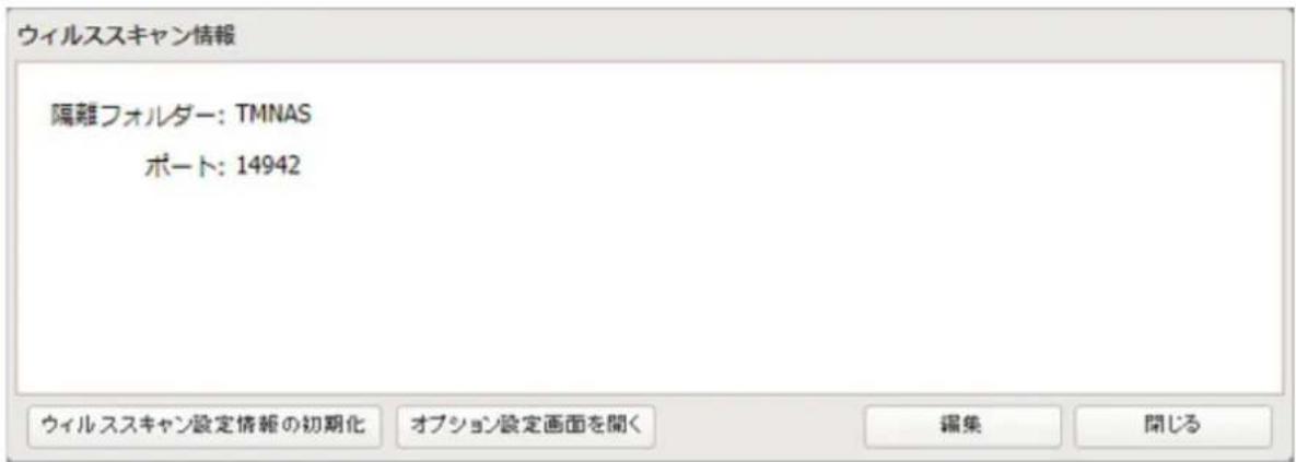 ウィルススキャン情報 隔雑フォルダー: TMNAS ポート: 14942 ウィルススキャン設定情報の初期化 オプション設定画面を聞く 編集 開じる