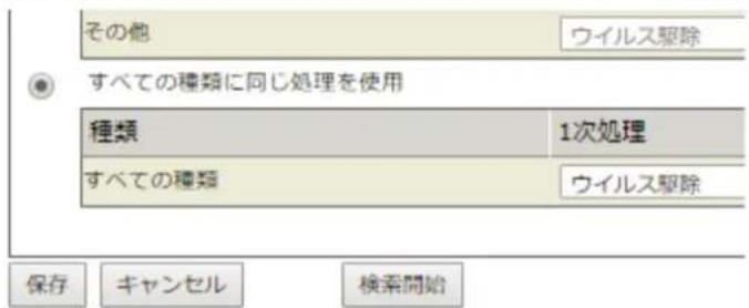 その他 ウイルス駆除 すべての種類に同じ処理を使用 種類 1次処理 すべての種類 ウイルス駆除 保存 キャンセル 検索開始