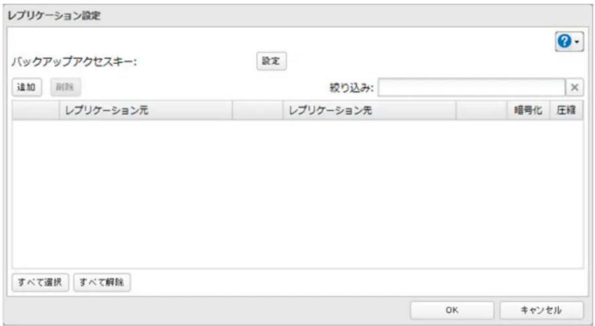 レプリケーション設定 バックアップアクセスキー: 設定 追加 副除 絞り込み: レプリケーション元 レプリケーション先 暗号化 圧縮 すべて選択 すべて解除 OK キャンセル