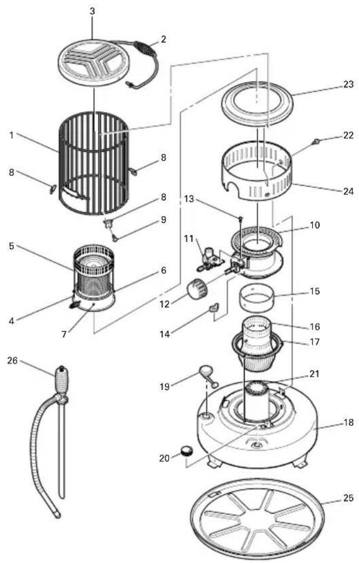 Exploded view diagram of a mechanical device with numbered parts for identification
