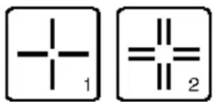 Two labeled symbols: one with a cross and number 1, the other with equal signs and numbers 2