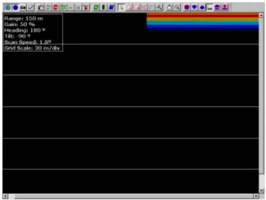 Range: 150 m Gain: 50 % Heading: 180 ° Tilt: -90 ° Scan Speed: 1.80° Grid Scale: 30 m/div