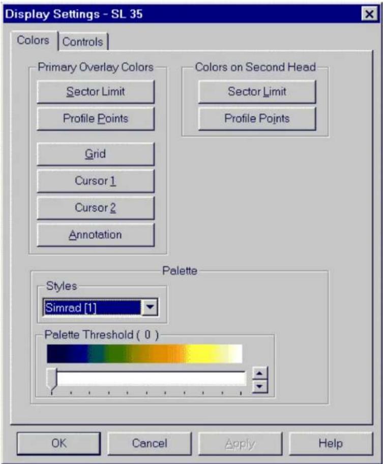 Display Settings - SL 35 Colors | Controls | Primary Overlay Colors Sector Limit Profile Points Grid Cursor 1 Cursor 2 Annotation Colors on Second Head Sector Limit Profile Points Palette Styles Simrad [1] Palette Threshold ( 0 ) OK Cancel Apply Help