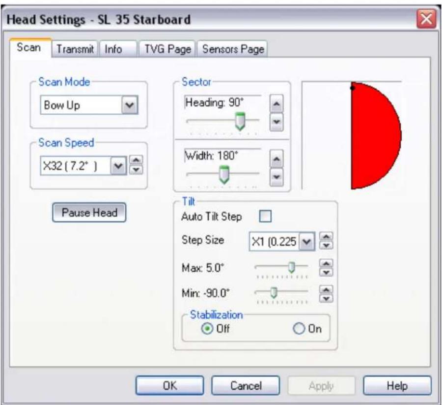 Head Settings - SL 35 Starboard Scan Transmit Info TVG Page Sensors Page Scan Mode Bow Up Scan Speed X32 (7.2°) Pause Head Sector Heading: 90° Width: 180° Tilt Auto Tilt Step Step Size X1 (0.225) Max: 5.0° Min: -90.0° Stabilization Off On OK Cancel Apply Help
