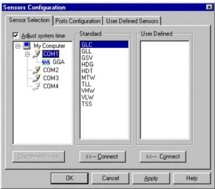 Sensors Configuration Sensor Selection | Ports Configuration | User Defined Sensors | Adjust system time My Computer COM1 SN5 GGA COM2 COM3 COM4 Standard GLC GLL GSV HDG HDT MTW TLL VHW VLW TSS User Defined Disconnect --> > <<--- Connect <<--- Connect OK Cancel Apply Help