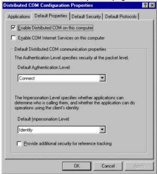 Distributed COM Configuration Properties Applications Default Properties Default Security Default Protocols Enable Distributed COM on this computer Enable COM Internet Services on this computer Default Distributed COM communication properties The Authentication Level specifies security at the packet level. Default Authentication Level: Connect The Impersonation Level specifies whether applications can determine who is calling them, and whether the application can do operations using the client's identity. Default Impersonation Level: Identity Provide additional security for reference tracking OK Cancel Apply