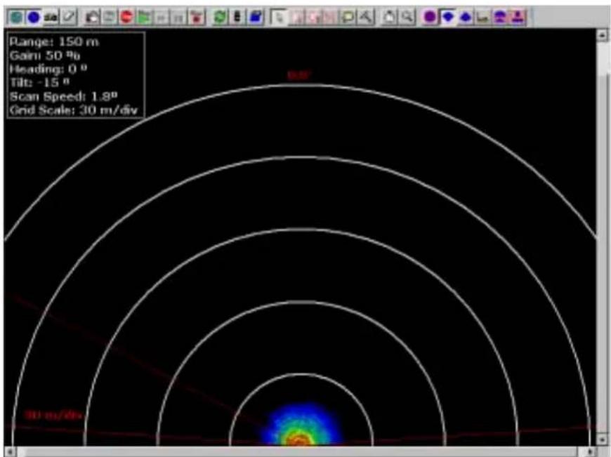 Range: 150 m Gain: 50 % Heading: 0 ° Tilt: -15 ° Scan Speed: 1.8° Grid Scale: 30 m/div