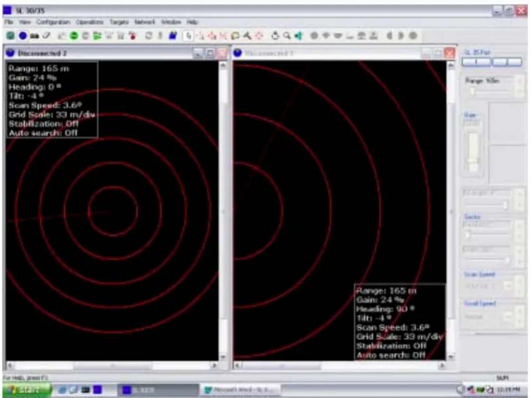 M. 30/35 File View Configuration Operations Targets Network Window Help Disconnected 2 Range: 165 m Gains: 24 % Heading: 0 ° Tilt: -4 ° Scan Speed: 3.6° Grid Scale: 33 m/div Stabilization: Off Auto search: Off Unconnected 1 Range: 165 m Gains: 24 % Heading: 00 ° Tilt: -4 ° Scan Speed: 3.6° Grid Scale: 33 m/div Stabilization: Off Auto search: Off For help, save it Start S-100% Microsoft Word - 5.0%