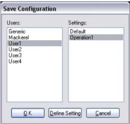 Save Configuration Users: Generic Mackerel User1 User2 User3 User4 Settings: Default Operation1 OK Define Setting Cancel