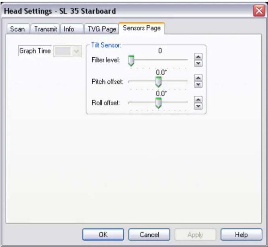 Head Settings - SL 35 Starboard Scan Transmit Info TVG Page Sensors Page Graph Time Tilt Sensor: 0 Filter level: 0.0° Pitch offset: 0.0° Roll offset: OK Cancel Apply Help