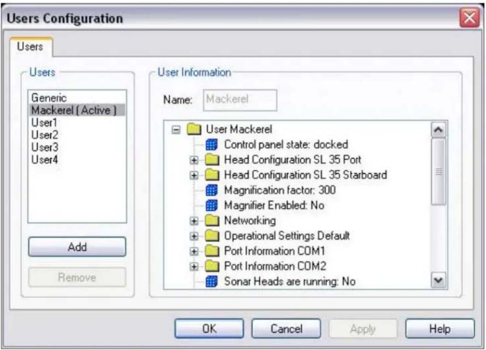 Users Configuration Users Users Generic Mackerel (Active) User1 User2 User3 User4 Add Remove User Information Name: Mackerel User Mackerel Control panel state: docked Head Configuration SL 35 Port Head Configuration SL 35 Starboard Magnification factor: 300 Magnifier Enabled: No Networking Operational Settings Default Port Information COM1 Port Information COM2 Sonar Heads are running: No OK Cancel Apply Help
