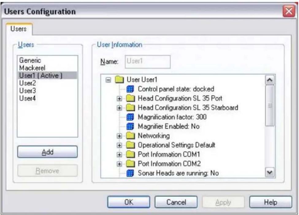Users Configuration Users Users Generic Mackerel User1 (Active) User2 User3 User4 Add Remove User Information Name: User1 User User1 Control panel state: docked Head Configuration SL 35 Port Head Configuration SL 35 Starboard Magnification factor: 300 Magnifier Enabled: No Networking Operational Settings Default Port Information COM1 Port Information COM2 Sonar Heads are running: No OK Cancel Apply Help