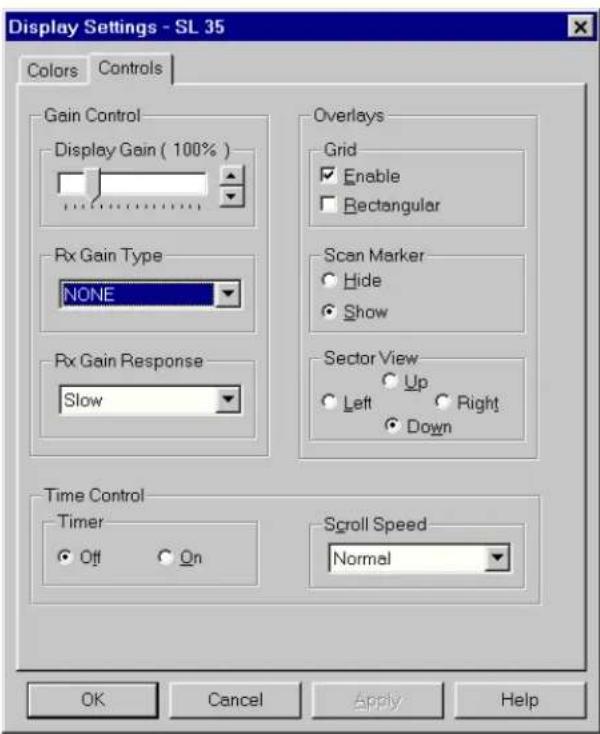 Display Settings - SL 35 Colors Controls Gain Control Display Gain ( 100% ) Rx Gain Type NONE Rx Gain Response Slow Overlays Grid Enable Rectangular Scan Marker Hide Show Sector View Up Left Right Down Time Control Timer Off On Scroll Speed Normal OK Cancel Apply Help