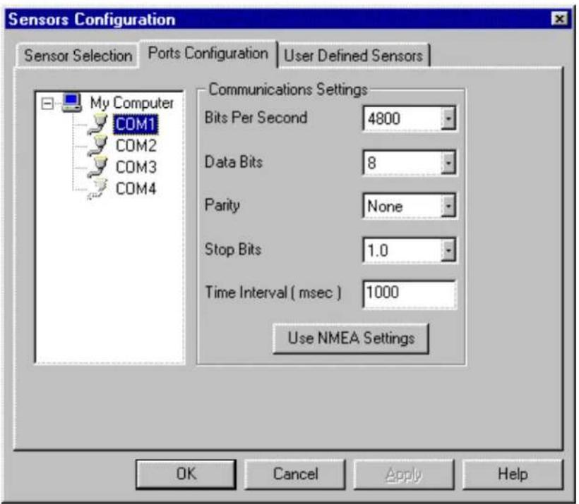 Sensors Configuration Sensor Selection Ports Configuration User Defined Sensors My Computer COM1 COM2 COM3 COM4 Communications Settings Bits Per Second 4800 Data Bits 8 Parity None Stop Bits 1.0 Time Interval ( msec ) 1000 Use NMEA Settings OK Cancel Apply Help