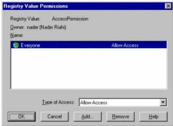 Registry Value Permissions Registry Value: AccessPermission Owner: nader (Nader Riahi) Name: Everyone Allow Access Type of Access: Allow Access OK Cancel Add... Remove Help