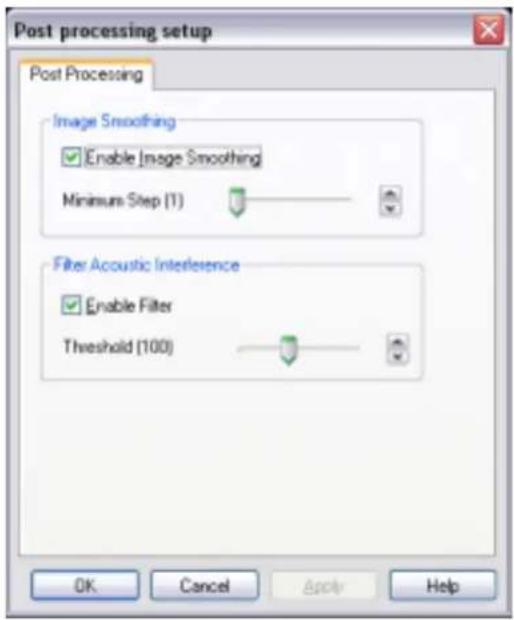 Post processing setup Post Processing Image Smoothing Enable Image Smoothing Minimum Step (1) Filter Acoustic Interference Enable Filter Threshold (100) OK Cancel Apply Help