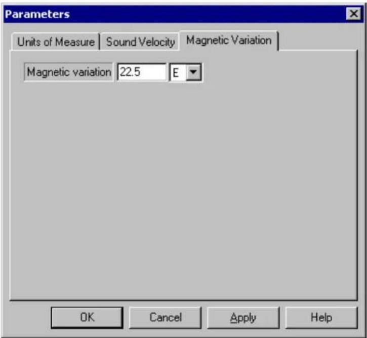 Parameters Units of Measure | Sound Velocity | Magnetic Variation | Magnetic variation 22.5 E OK Cancel Apply Help