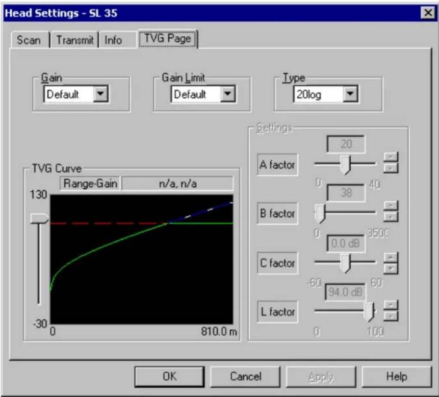 Head Settings - SL 35 Scan | Transmit | Info | TVG Page | Gain Default Gain Limit Default Type 20log TVG Curve Range-Gain n/a, n/a 130 -30 0 810.0 m Settings 20 A factor 0 40 38 B factor 0 350°C 0.0 dB C factor -60 94.0 dB 60 L factor 0 100 OK Cancel Apply Help