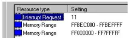 Resource type Setting Interrupt Request 11 Memory Range FFBEC000 - FFBEFFFF Memory Range FF000000 - FF7FFFFFF
