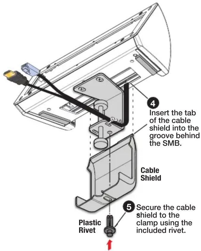 Insert the tab of the cable shield into the groove behind the SMB. Cable Shield Secure the cable shield to the clamp using the included rivet. Plastic Rivet