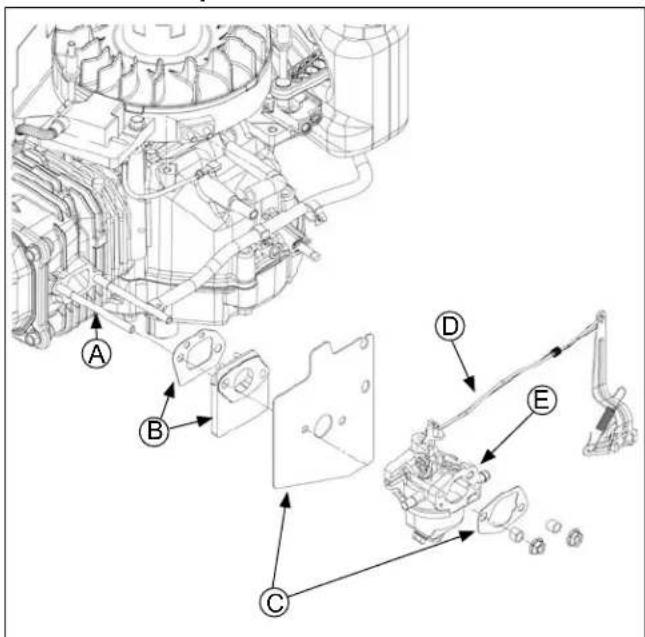 Technical diagram of a mechanical assembly with labeled components A through E