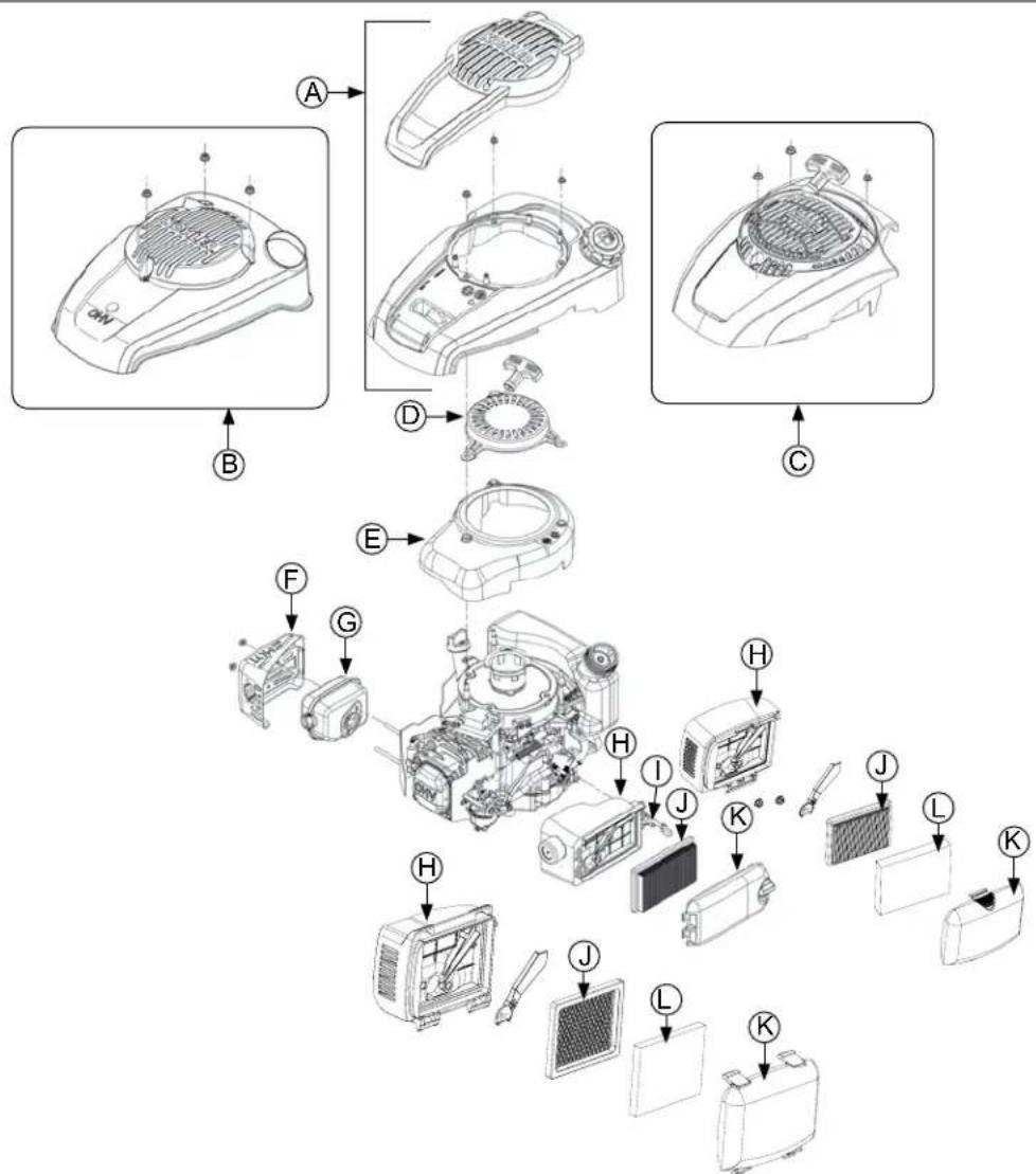 Exploded view diagram of a device assembly with labeled parts from A to K