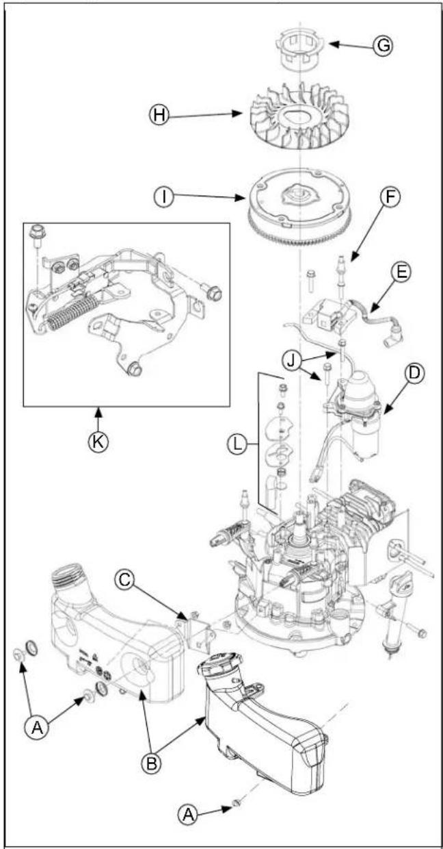 Technical diagram of a mechanical assembly with labeled parts and exploded views, including gears, springs, and housing components.