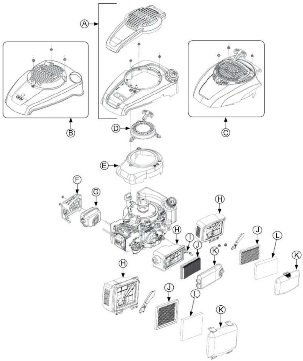 Exploded view diagram of a refrigerator internal components with labeled parts A through L