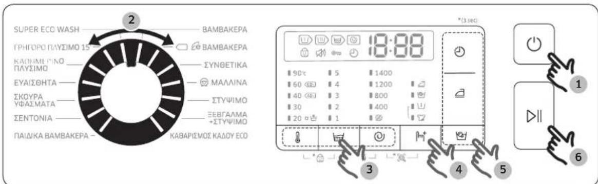 SUPER ECO WASH BAMBAKEPA ΓΡΗΓΟΡΟ ΠΛΥΣΙΜΟ 15 ΕΒΑΜΒΑΚΕΡΑ ΚΑΩΝΙΜΕ ΠΙΝΟ ΠΛΥΣΙΜΟ ΣΥΝΘΕΤΙΚΑ ΕΥΑΙΣΘΗΤΑ ΜΑΛΛΙΝΑ ΣΚΟΥΡΑ ΥΦΑΣΜΑΤΑ ΣΤΥΨΙΜΟ ΣΕΝΤΟΝΙΑ ΣΕΒΓΑΛΜΑ +ΣΤΥΨΙΜΟ ΠΑΙΔΙΚΑ ΒΑΜΒΑΚΕΡΑ ΚΑΒΑΡΙΣΜΟΣ ΚΑΔΟΥ ΕΟΣ 18:00 90℃ 5 1400 60 ℃ 4 1200 40 ℃ 3 800 30 2 400 20 ℃ 1 3 4 5 (3 sec) 1 6