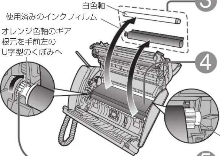 白色軸 使用済みのインクフィルム オレンジ色軸のギア 根元を手前左の U字型のくぼみへ