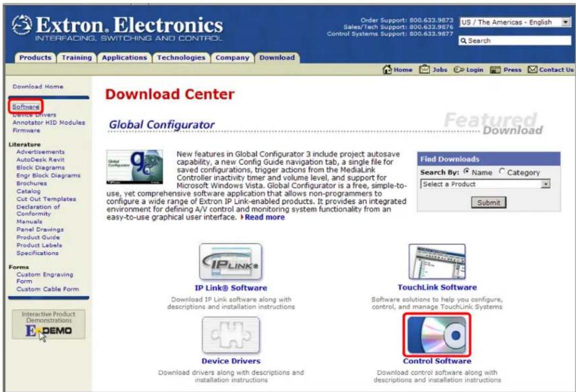 Extron. Electronics INTERFACING, SWITCHING AND CONTROL Order Support: 800.633.9873 Sales/Tech Support: 800.633.9876 Control Systems Support: 800.633.9877 US / The Americas - English Search Products Training Applications Technologies Company Download Home Jobs Login Press Contact Us Download Home Software Device Drivers Annotator HID Modules Firmware Download Center Global Configurator Featured Download New features in Global Configurator 3 include project autosave capability, a new Config Guide navigation tab, a single file for saved configurations, trigger actions from the MediaLink Controller inactivity timer and volume level, and support for Microsoft Windows Vista. Global Configurator is a free, simple-to-use, yet comprehensive software application that allows non-programmers to configure a wide range of Extron IP Link-enabled products. It provides an integrated environment for defining A/V control and monitoring system functionality from an easy-to-use graphical user interface. Read more Find Downloads Search By: Name Category Select a Product Submit IP Link® Software Download IP Link software along with descriptions and installation instructions TouchLink Software Software solutions to help you configure, control, and manage TouchLink Systems Device Drivers Download drivers along with descriptions and installation instructions Control Software Download control software along with descriptions and installation instructions
