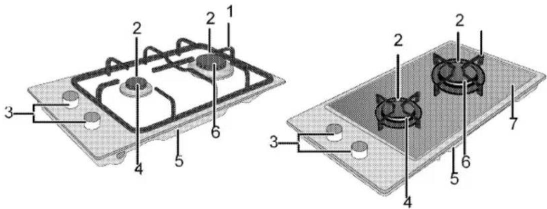 Technical diagram of a gas stove with numbered components for identification