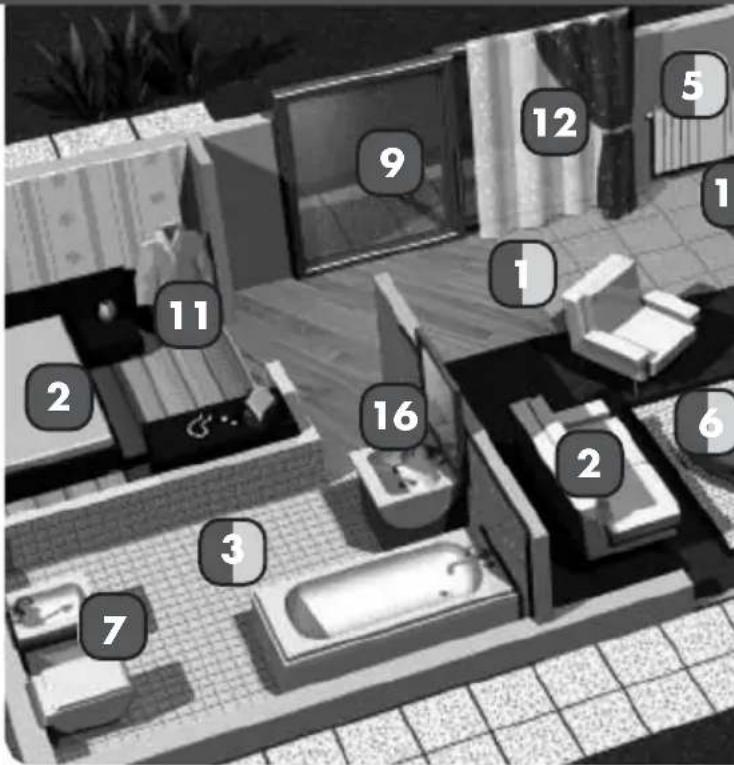 Floor plan diagram with numbered rooms and furniture layout, likely for architectural or recreational purposes.