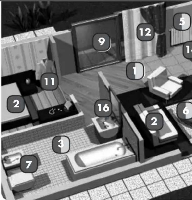 Floor plan diagram with numbered rooms and furniture layout, likely for architectural or recreational purposes.