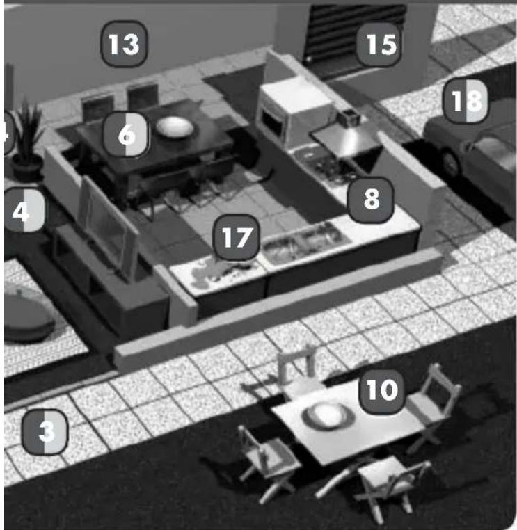 3D architectural floor plan with numbered rooms and furniture layout, likely for architectural or recreational purposes.