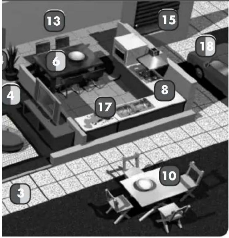 3D architectural floor plan with numbered rooms and furniture layout, likely for architectural or recreational purposes.
