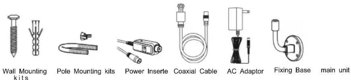 Wall Mounting kits Pole Mounting kits Power Inserte Coaxial Cable AC Adaptor Fixing Base main unit