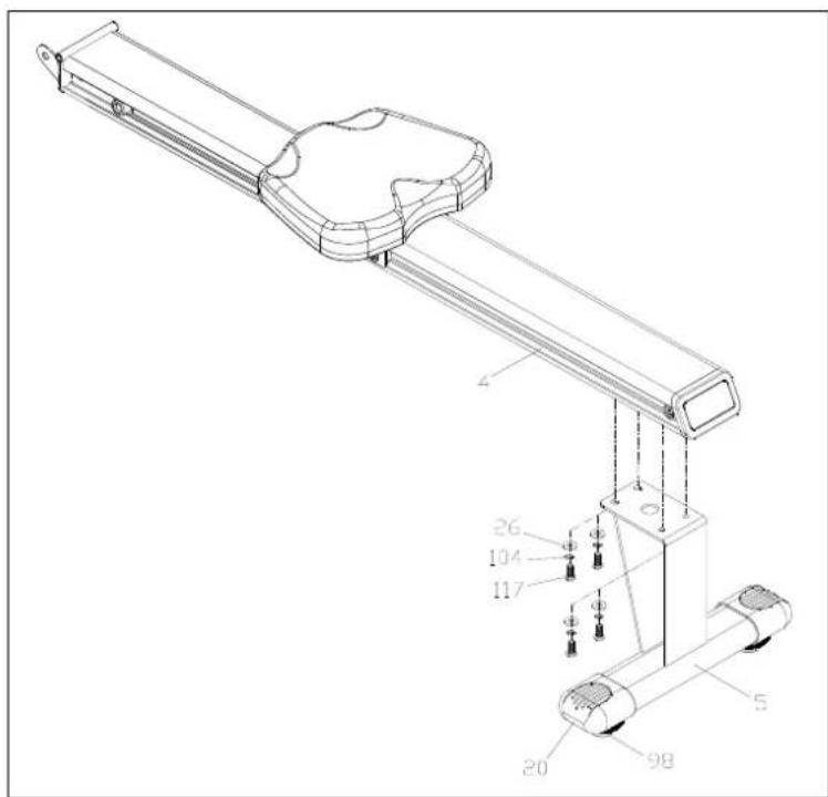 Technical diagram of a mechanical assembly with numbered components and dimension annotations
