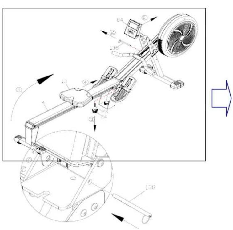 Technical diagram of a mechanical assembly with numbered components and directional arrows indicating motion or assembly.