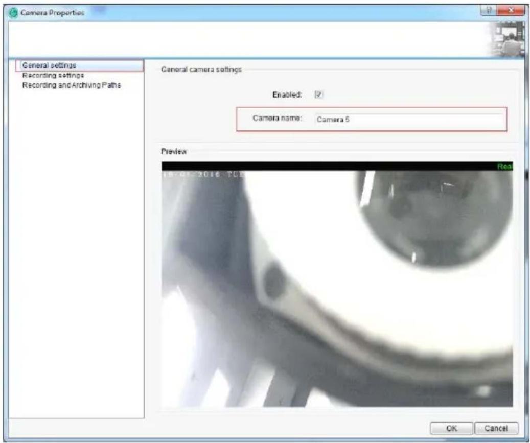 Camera Properties General settings Recording settings Recording and Archiving Paths General camera settings Enabled: Camera name: Camera 5 Preview 18-01-2016 TCE OK Cancel