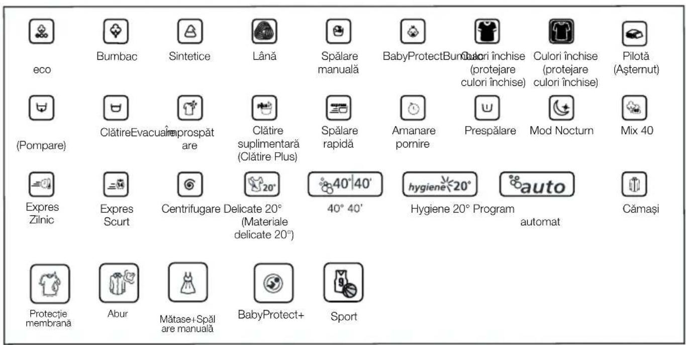 eco Bumbac Sintetice Lână Spălare manuală BabyProtect Bumulă (protejare culori închise) Culori închise (protejare culori închise) Pilotă (Aşternut) (Pompare) ClătireEvacuaîreprospăt are Clătire suplimentară (Clătire Plus) Spălare rapidă Amanare pornire Prespălare Mod Nocturn Mix 40 Expres Zilnic Exp…