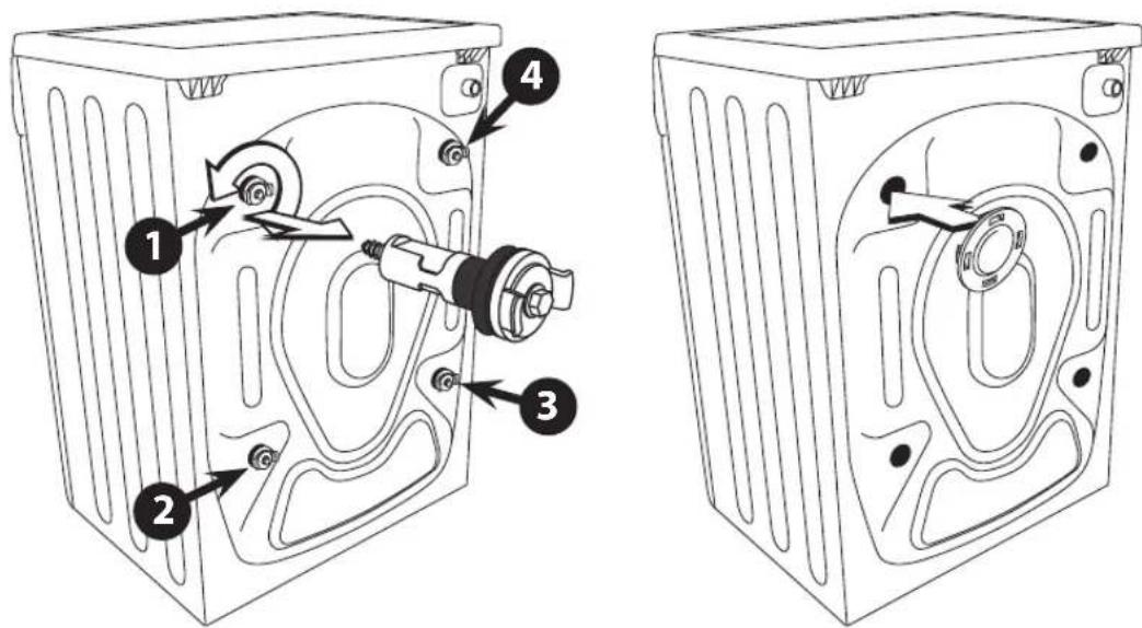 Technical diagram showing two views of a mechanical device with numbered components and directional arrows indicating motion or assembly.