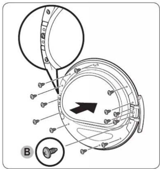 Technical diagram of a mechanical assembly with labeled parts and an arrow indicating direction or force